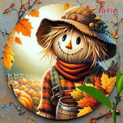 1pc 2D Flat Scarecrow Metal Sign – Cute Aluminum Art in Autumn Basket, Ideal for Halloween Farm Garland Decor & Room Art