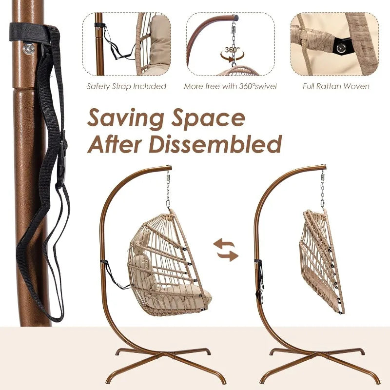 Hanging Egg Chair with Stand. Outdoor Swinging Chair.  Foldable Basket for Indoor Bedroom Patio Garden 350lbs Capacity (Beige