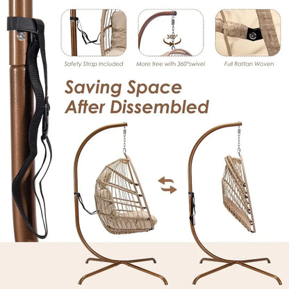 Hanging Egg Chair with Stand. Outdoor Swinging Chair.  Foldable Basket for Indoor Bedroom Patio Garden 350lbs Capacity (Beige