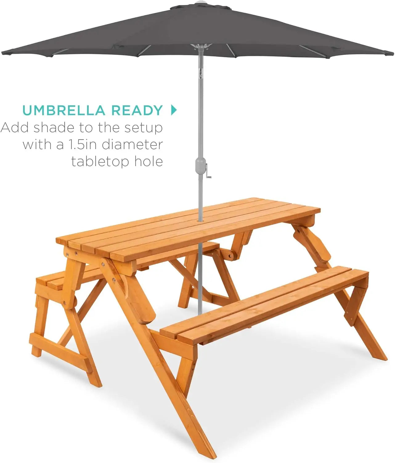 2-in-1 Transforming Interchangeable Outdoor Wooden Picnic Table and Garden Bench for Backyard, Porch, Patio, Deck w/Umbrella Hole