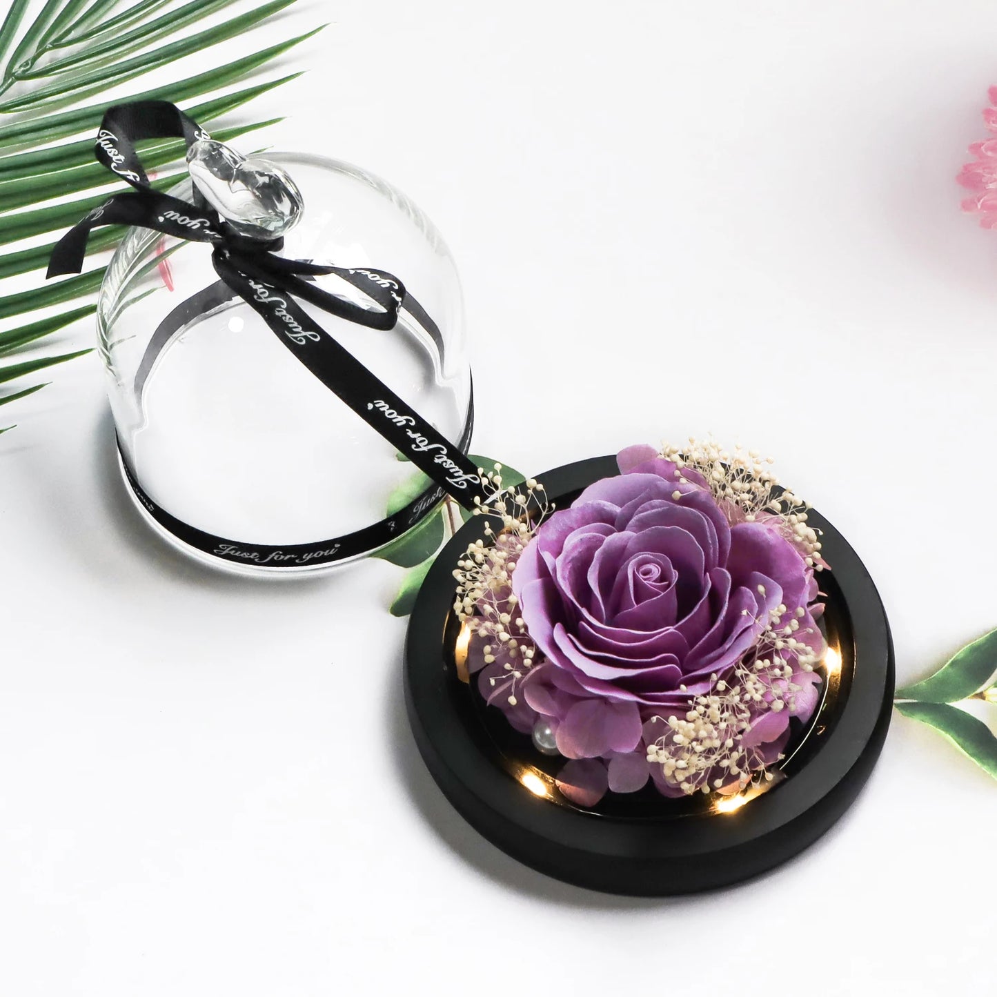 Purple Soap Rose in Glass Dome Artificial Flower With Light for Birthday, Valentines, Anniversary Gifts