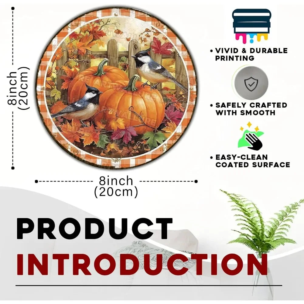 8x8" Round Fall Pumpkin Metal Tin Sign - Bird Wreath Decor, Farmhouse Home Living Room Coffee Bar Wall Art, Thanksgiving Gift