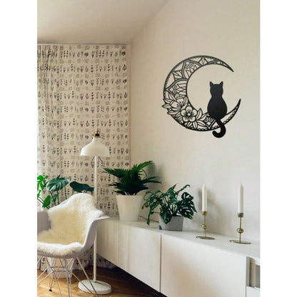 1PC Iron Moon & Black Cat Wall Decor (Wall Sculpture) | Spooky Halloween Autumn Home Hanging