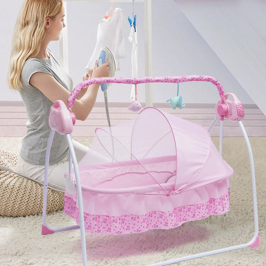 Pink Adjustable Baby Crib Cradle Foldable Electric Auto-Swing Rocking Bassinet Timer Bluetooth