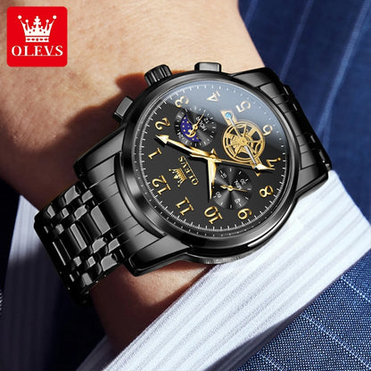 Moon Phase Watch Men Stainless Steel Waterproof Luminous Fashion Skeleton Chronograph Quartz