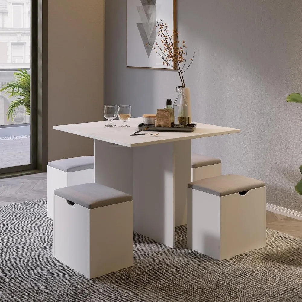 5-Piece All Purpose Table Set, Small Kitchen Table Set with 4 Stools Compact Space-Saving for Dining or Game Playing. Storage in Stools