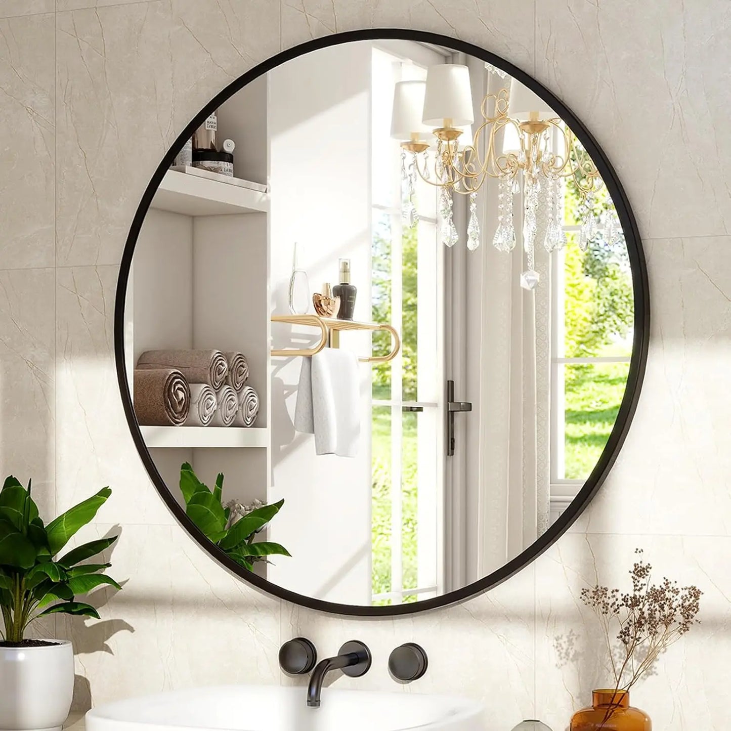 30 Inch Round Wall Mirror Bathroom Mirror with Metal Frame Modern Hanging Mirror for Entryway, Living Room