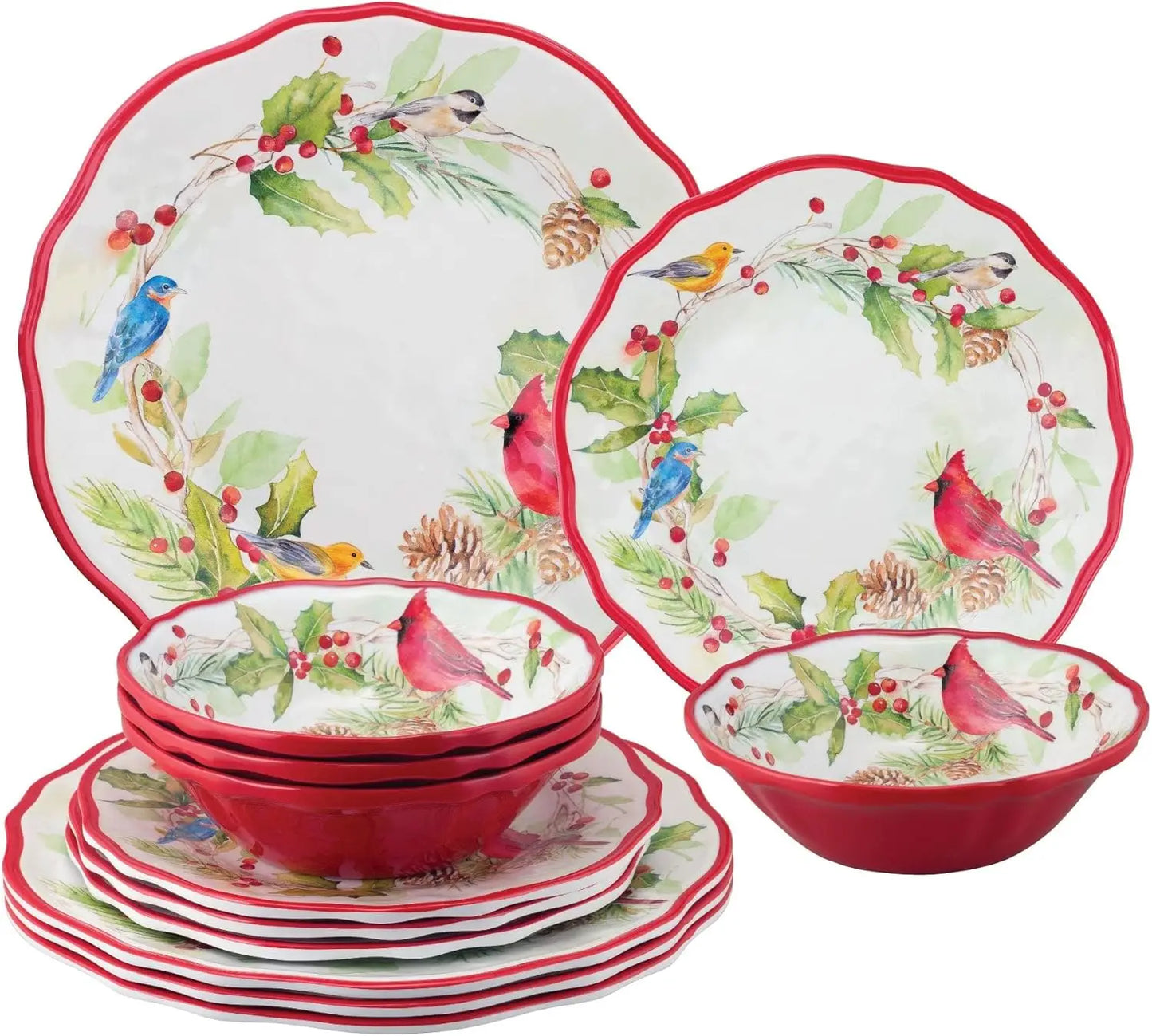 12 Piece Winter Birds Melamine Dinnerware Sets, Outdoor Dishes Set, Plates and Bowls Sets, Christmas Decoration