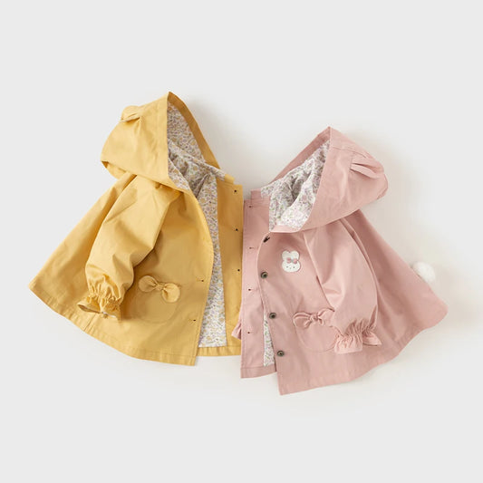Girl's Single Breasted Trench Coat Spring Autumn Hooded Jacket Outerwear for Children Windbreaker