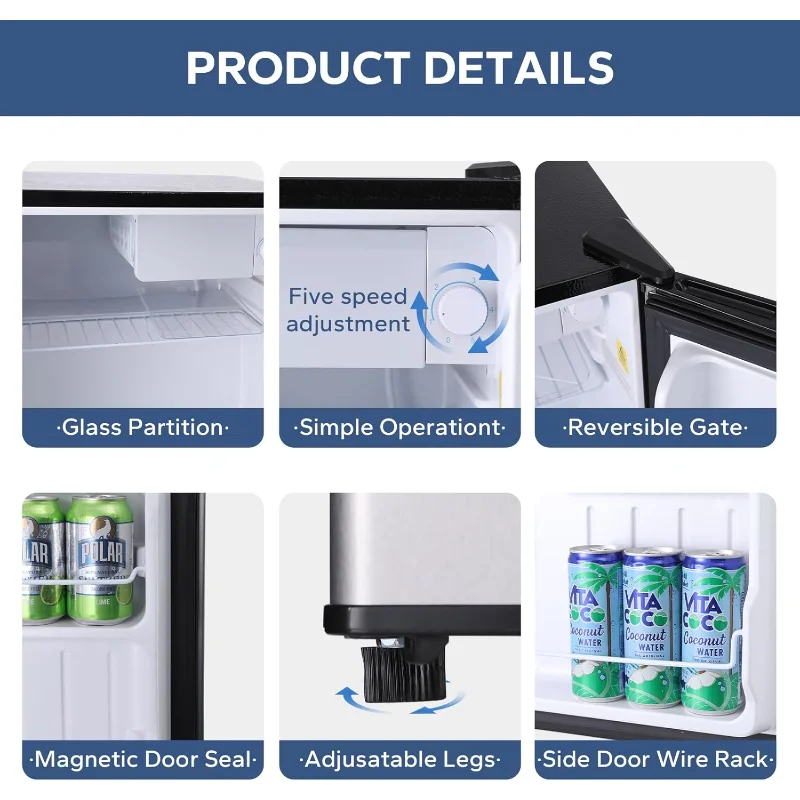 Small Refrigerator,1.6 Cu.Ft Mini Fridge With Freezer, Reversible Single Door Mini Fridge, Compact Refrigerator