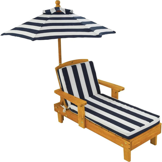 Outdoor Wooden Chaise Lounge, Backyard Furniture Chair with Umbrella and Cushion