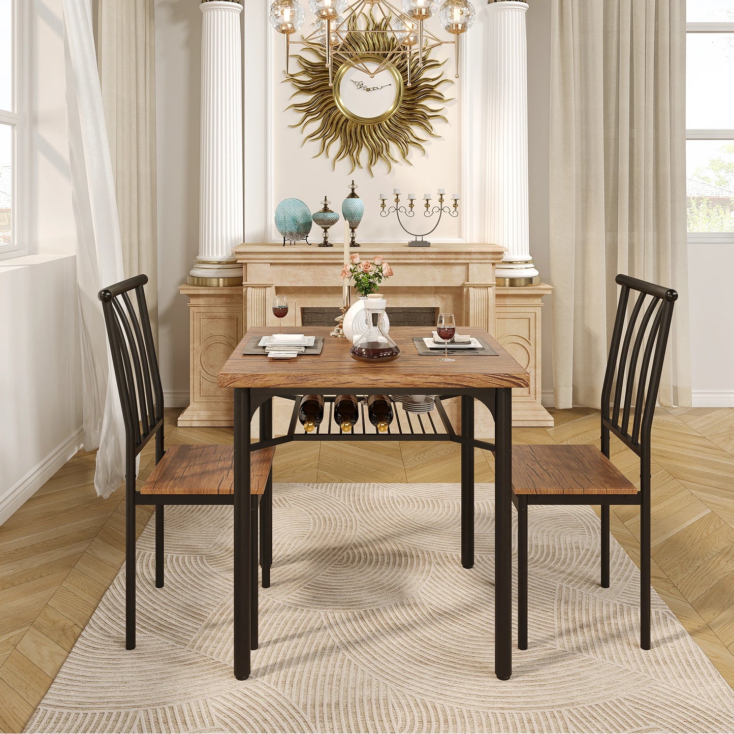 Dining Table Set for 2 with Wine Rack, Kitchen Table and Chairs for 2, Square Kitchen or Family Room Table