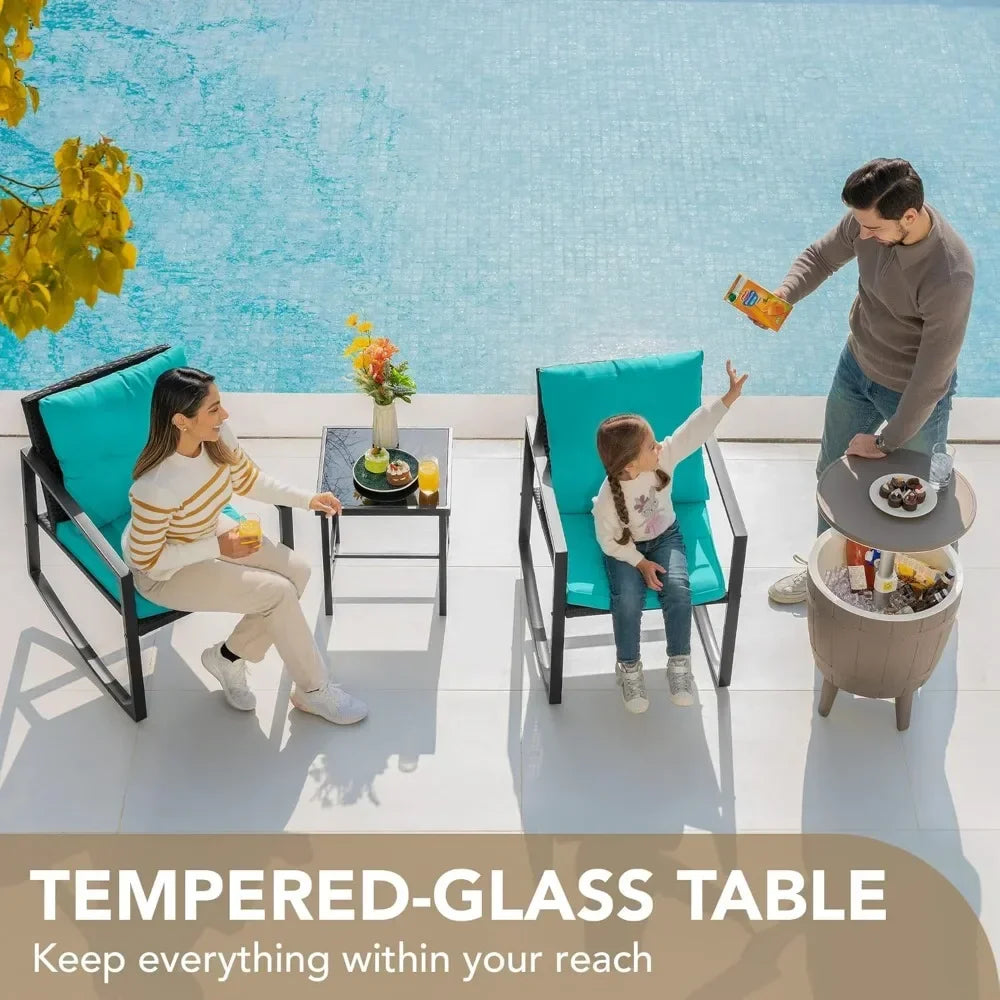 Rocking Bistro Set Patio Outdoor Furniture Porch Chairs Conversation Sets with Glass Coffee Table