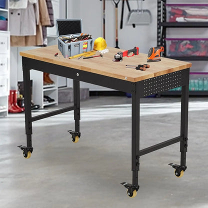 Adjustable Workbench for Garage, 72" x 25" Portable Work Bench, 2000 Lbs Capacity, Rubber Wood Workstation w/ 4 Rolling Casters