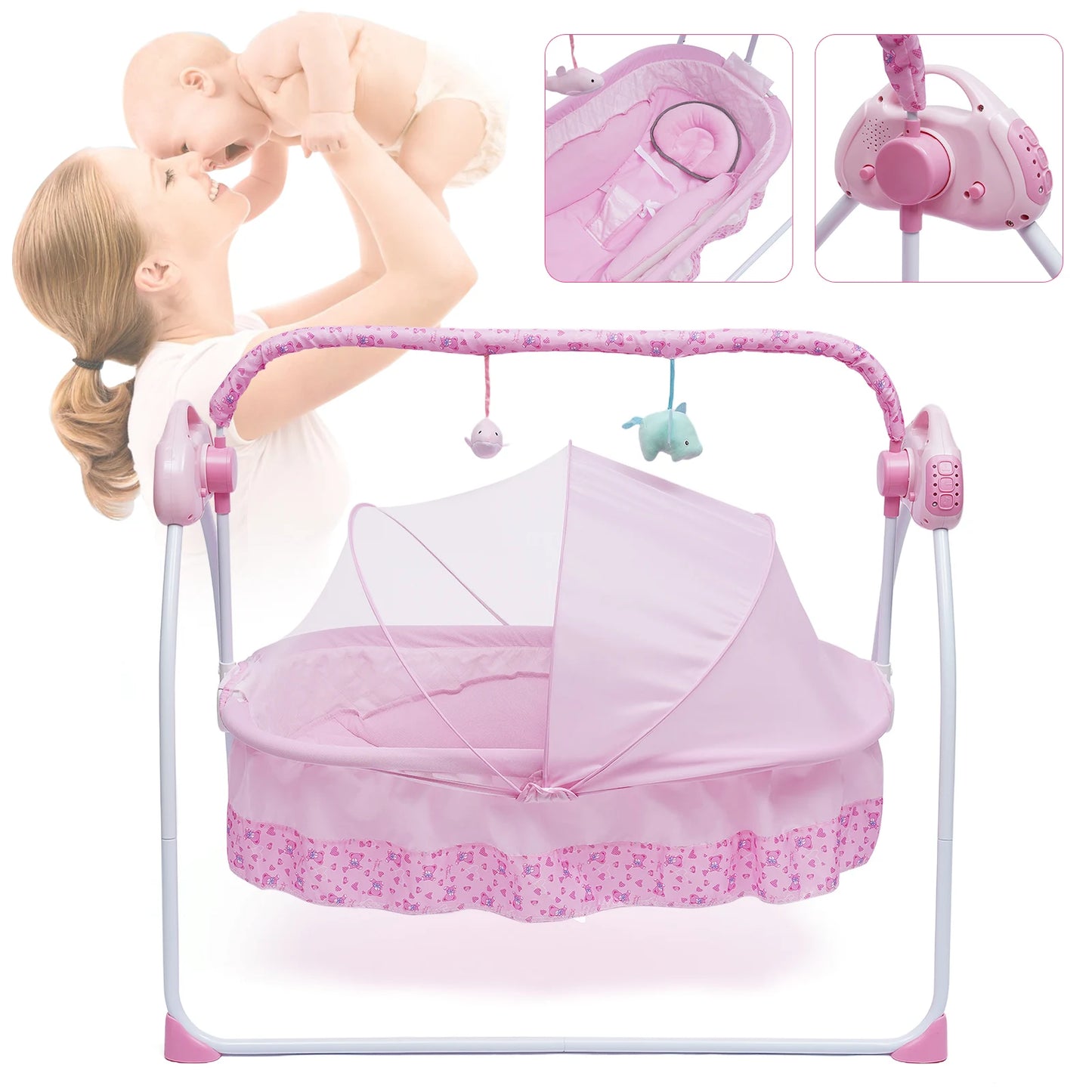 Pink Adjustable Baby Crib Cradle Foldable Electric Auto-Swing Rocking Bassinet Timer Bluetooth