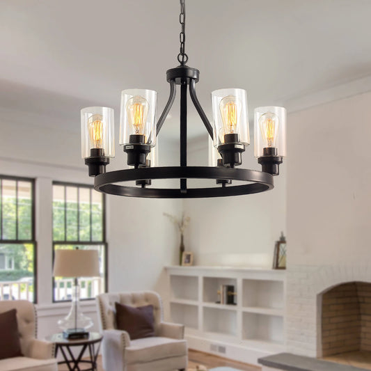 6-Lights Rustic Wagon Wheel Chandelier Metal Black Farmhouse Style