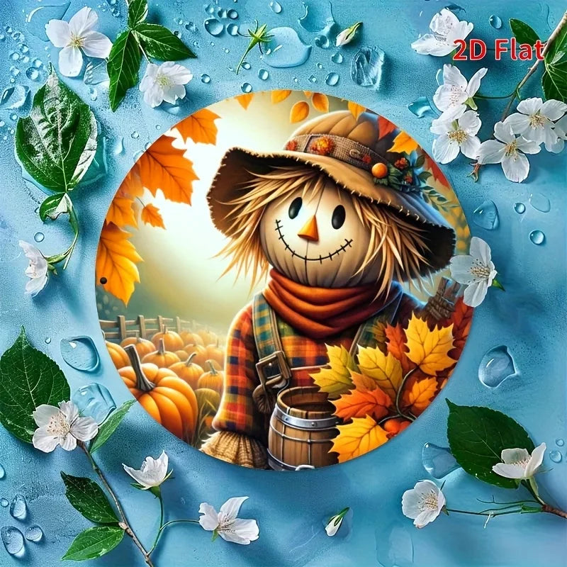 1pc 2D Flat Scarecrow Metal Sign – Cute Aluminum Art in Autumn Basket, Ideal for Halloween Farm Garland Decor & Room Art