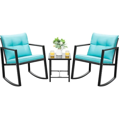 Rocking Bistro Set Patio Outdoor Furniture Porch Chairs Conversation Sets with Glass Coffee Table