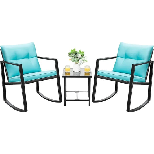 Rocking Bistro Set Patio Outdoor Furniture Porch Chairs Conversation Sets with Glass Coffee Table