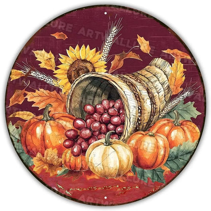 8x8" Round Fall Pumpkin Metal Tin Sign - Bird Wreath Decor, Farmhouse Home Living Room Coffee Bar Wall Art, Thanksgiving Gift