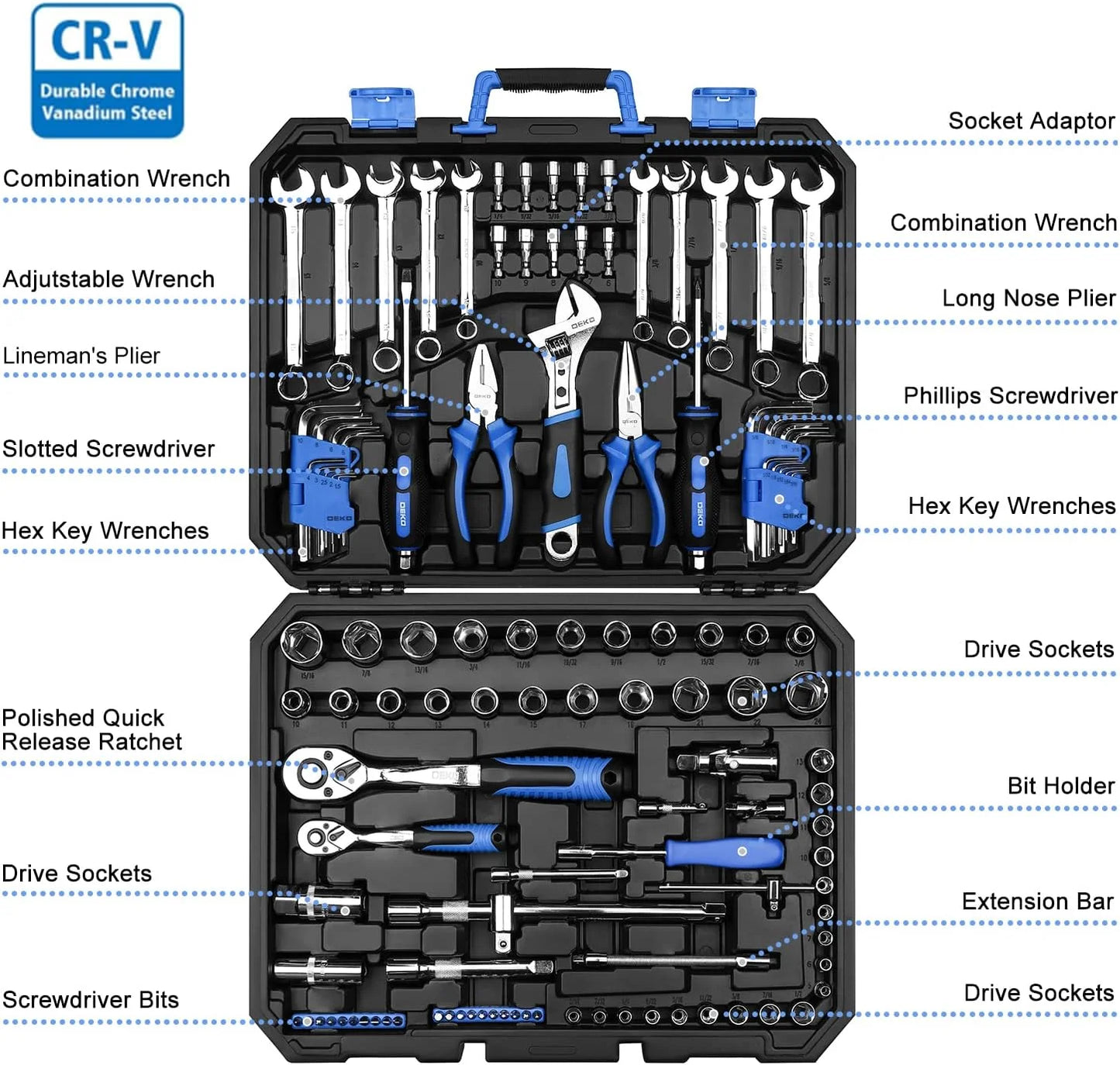 118 Piece Tool Kit Professional Auto Repair Tool Set Combination Package Socket Wrench with Most Useful Mechanics Tools
