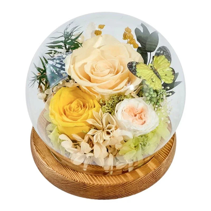 Preserved Rose Flower for Mom Wife Girlfriend in Glass Dome with Bamboo Base