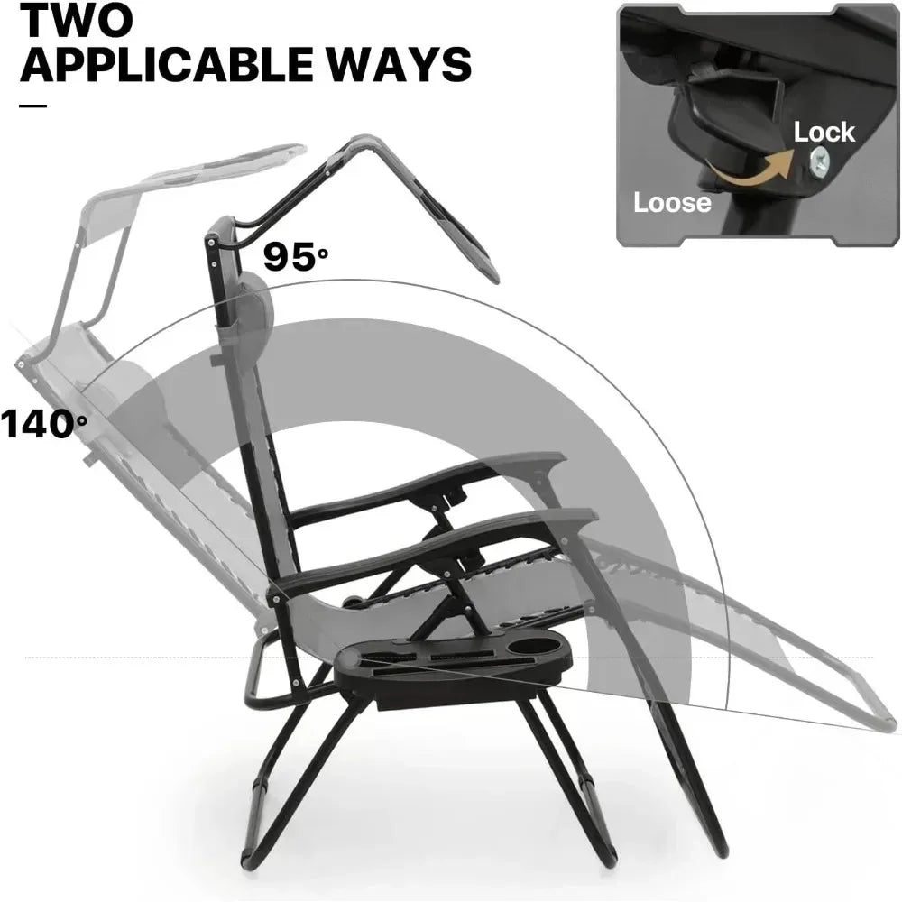 Set of 2 Outdoor Reclining Loungers with Sunshade and Headrest