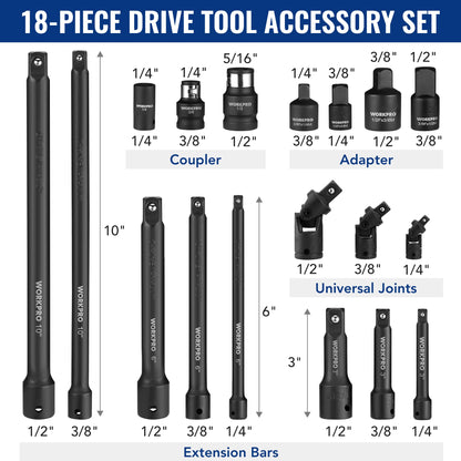 18Pieces Drive Tool Accessory Set Includes Socket Adapters Socket Extension Bar Swivel Universal Joints Impact Coupler