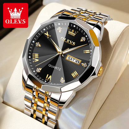 Men‘s Watches Gold Original Quartz Wristwatch Waterproof Luminous Watch for Male Rhombus Mirror Date Week Luxury Dress