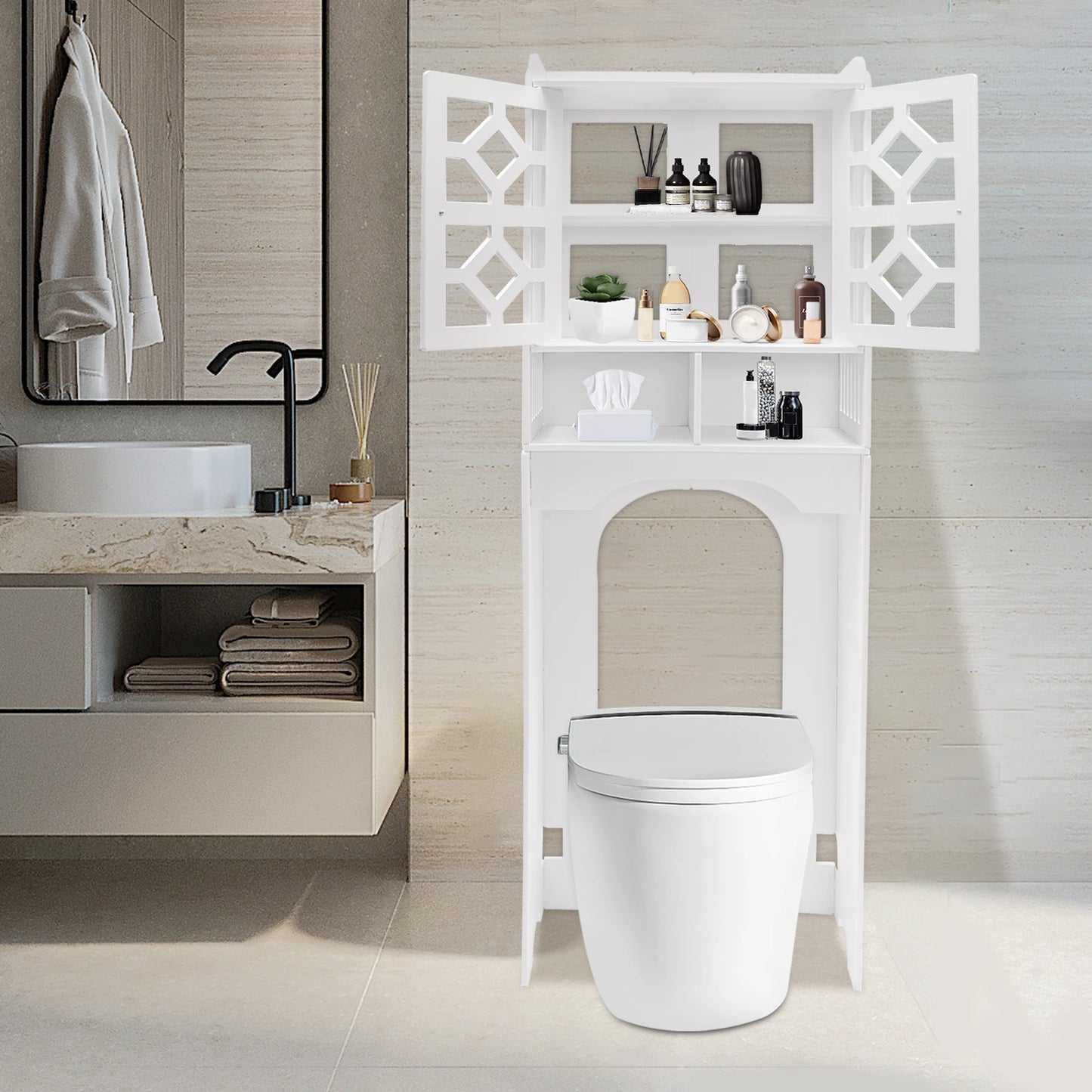 4 Tier Over the Toilet Storage Cabinet Bathroom Organizer Waterproof Raised Leg Smooth Edge Large Capacity/Easy to Install