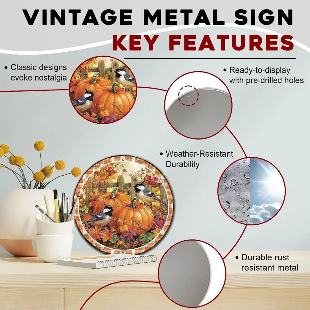 8x8" Round Fall Pumpkin Metal Tin Sign - Bird Wreath Decor, Farmhouse Home Living Room Coffee Bar Wall Art, Thanksgiving Gift