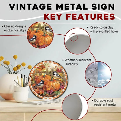 8x8" Round Fall Pumpkin Metal Tin Sign - Bird Wreath Decor, Farmhouse Home Living Room Coffee Bar Wall Art, Thanksgiving Gift