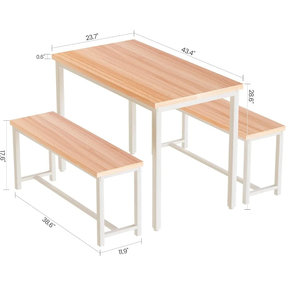Dining Table Set for 4 Kitchen Table Set with 2 Dining Benches, 3 Piece Farmhouse Dining Room Table Set