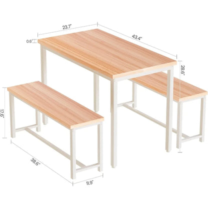 Dining Table Set for 4 Kitchen Table Set with 2 Dining Benches, 3 Piece Farmhouse Dining Room Table Set