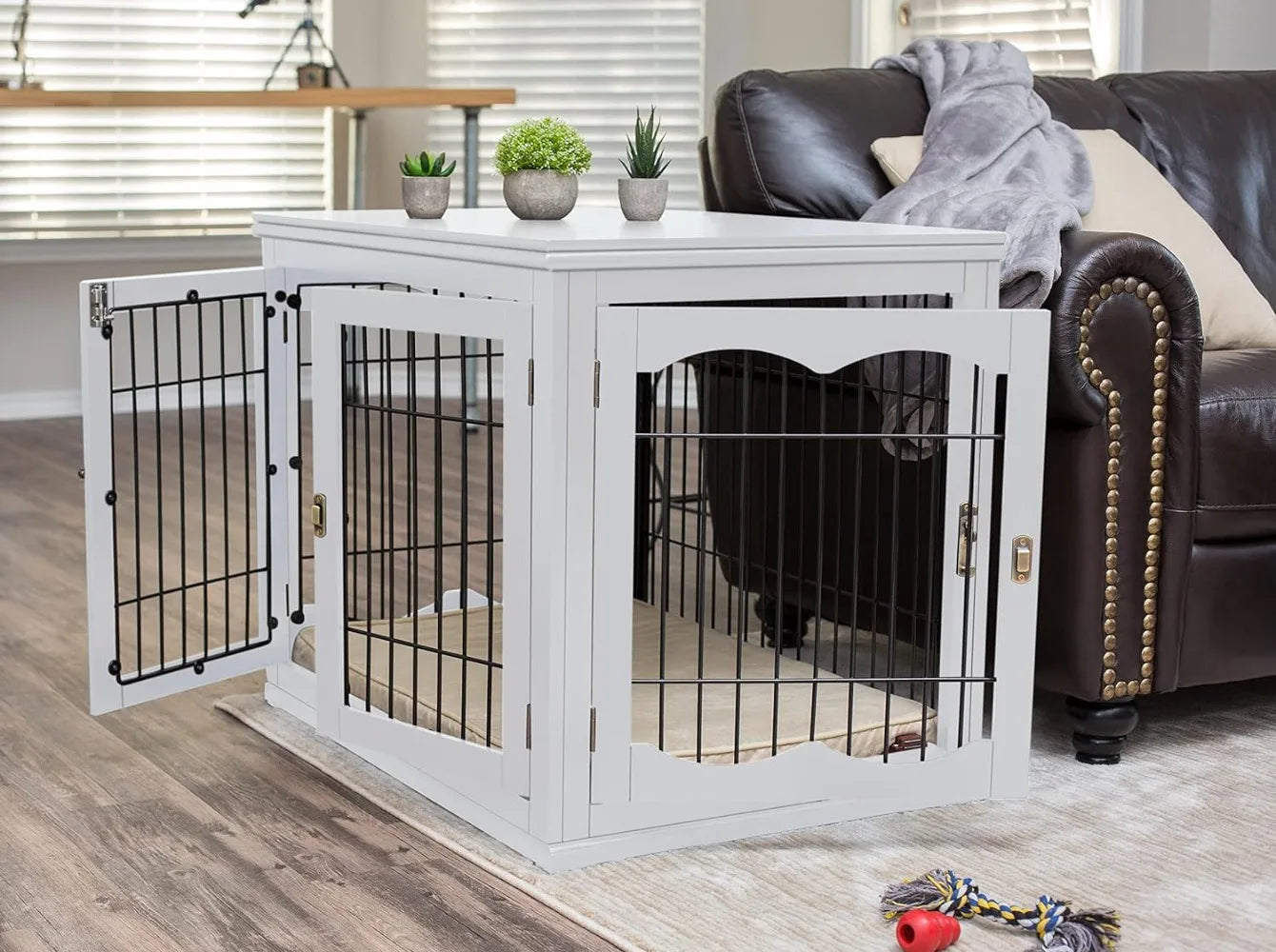 Decorative Dog Kennel with Pet Bed for Small Dogs Double Door Indoor Pet Crate Engineered Wood Wire Furniture House