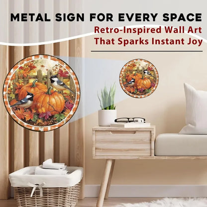 8x8" Round Fall Pumpkin Metal Tin Sign - Bird Wreath Decor, Farmhouse Home Living Room Coffee Bar Wall Art, Thanksgiving Gift