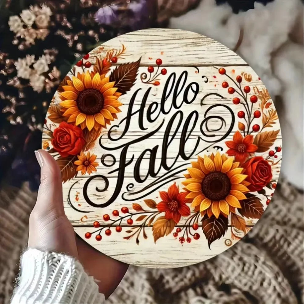 "Rustic 'Hello Fall'" Metal Sign – Sunflower & Autumn Leaf Iron Decor