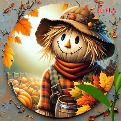 1pc 2D Flat Scarecrow Metal Sign – Cute Aluminum Art in Autumn Basket, Ideal for Halloween Farm Garland Decor & Room Art