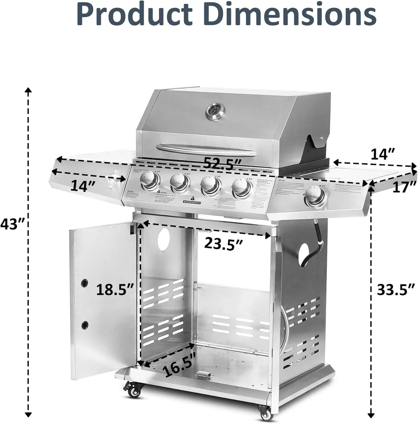Propane Gas Grill 4 Burners with Side Burner, Stainless Steel Grill Cart with Wheels for Outdoor Patio Cooking
