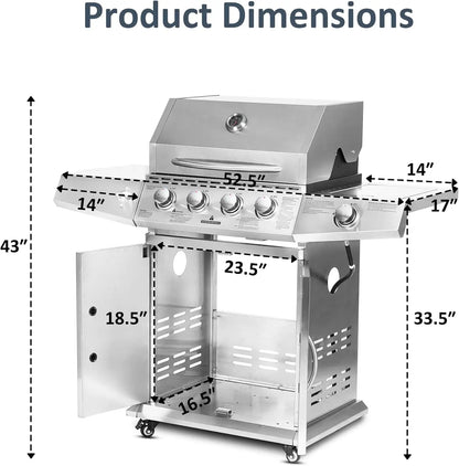 Propane Gas Grill 4 Burners with Side Burner, Stainless Steel Grill Cart with Wheels for Outdoor Patio Cooking