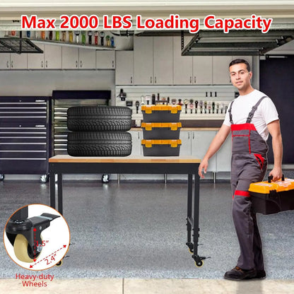 Adjustable Workbench for Garage, 72" x 25" Portable Work Bench, 2000 Lbs Capacity, Rubber Wood Workstation w/ 4 Rolling Casters