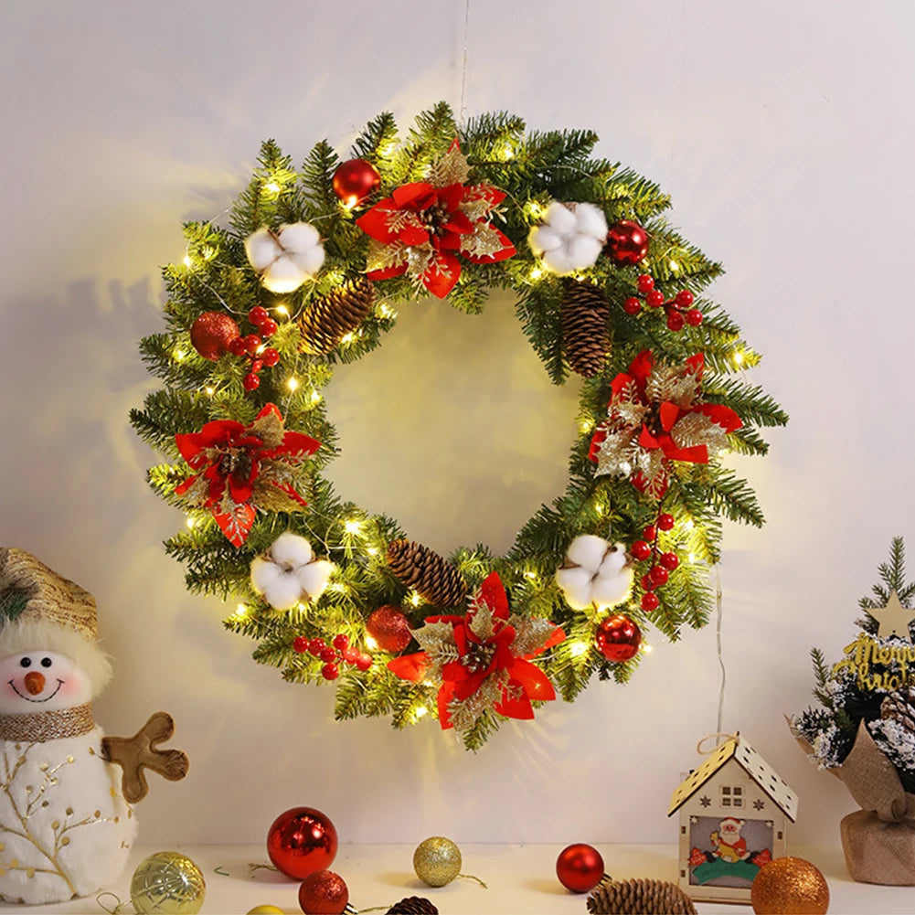Christmas Hanging Decorations with Spruce Pine Cones Berry Ball 40CM Garland Decoration PVC Light Up for Wall, Front Door or Window