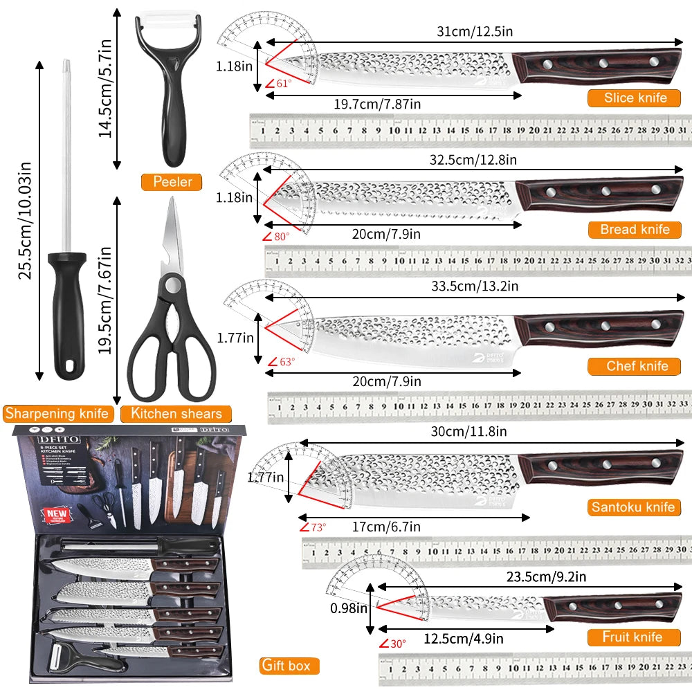 8pcs Chef Knife Kitchen Knives Set Hammer Pattern Sharp Cutting Blade Meat Salmon Slicing Knives.   Great Wedding Gift