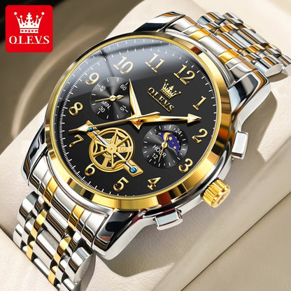 Moon Phase Watch Men Stainless Steel Waterproof Luminous Fashion Skeleton Chronograph Quartz