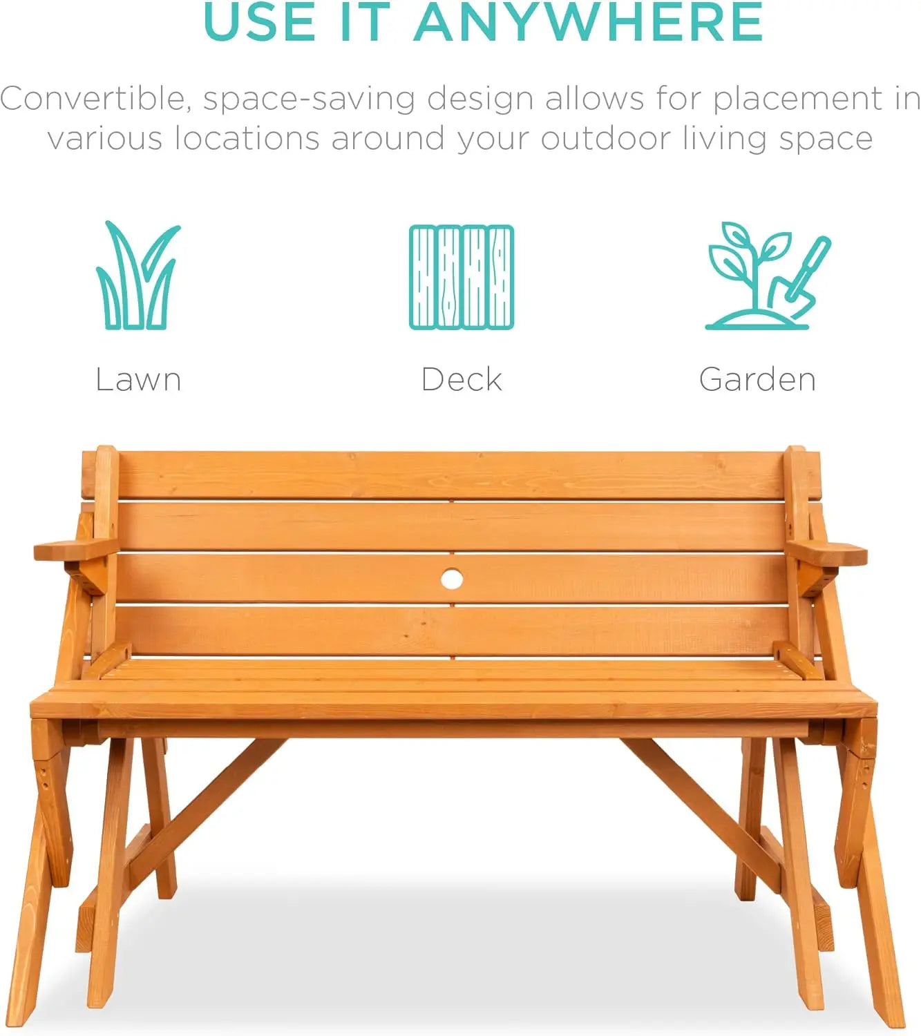 2-in-1 Transforming Interchangeable Outdoor Wooden Picnic Table and Garden Bench for Backyard, Porch, Patio, Deck w/Umbrella Hole