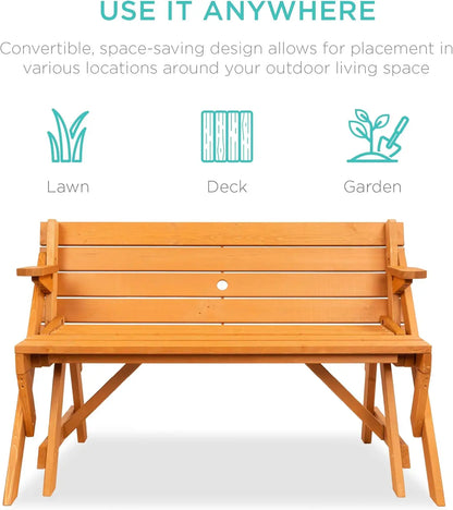 2-in-1 Transforming Interchangeable Outdoor Wooden Picnic Table and Garden Bench for Backyard, Porch, Patio, Deck w/Umbrella Hole