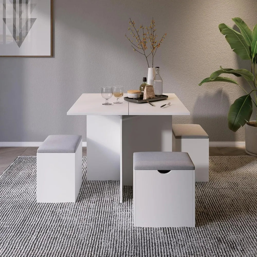 5-Piece All Purpose Table Set, Small Kitchen Table Set with 4 Stools Compact Space-Saving for Dining or Game Playing. Storage in Stools