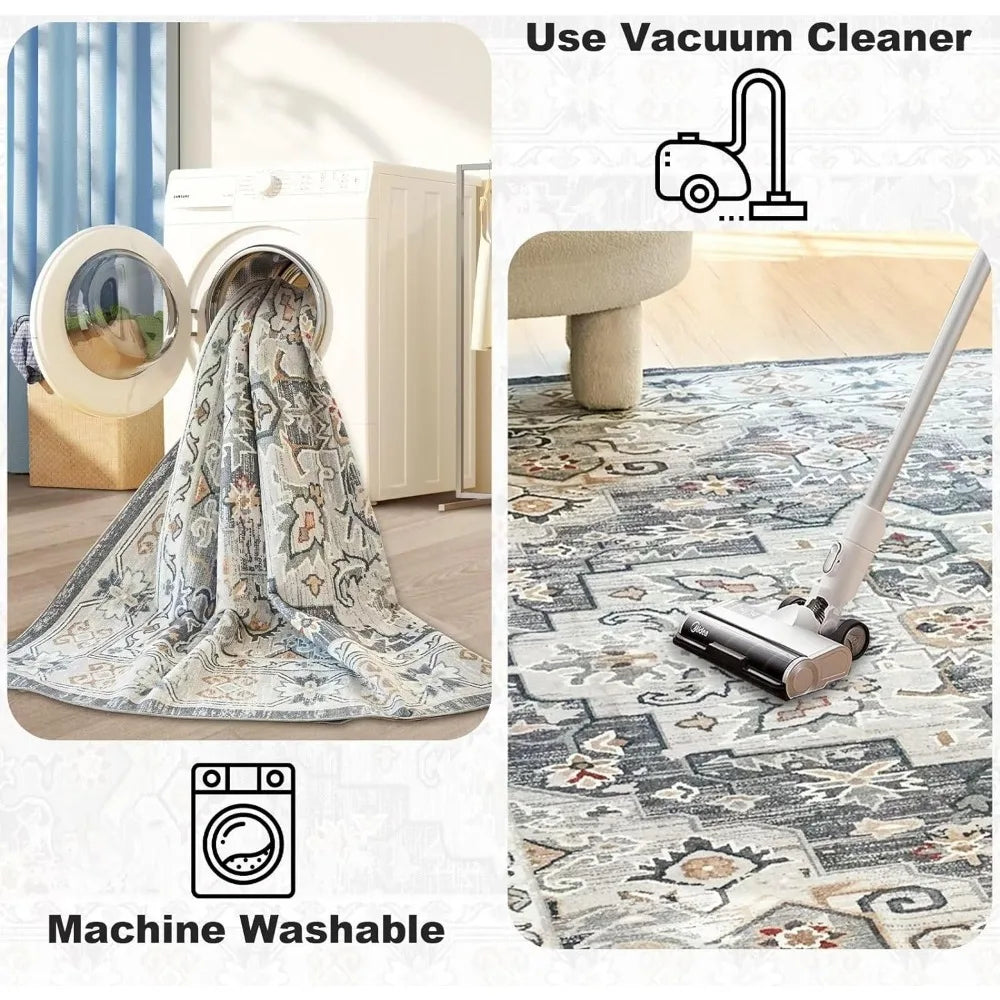 Washable Rug 8x10, Vintage Medallion Area Rugs with Non-Slip Backing, Non-Shedding Floor Mat Throw Carpet foy