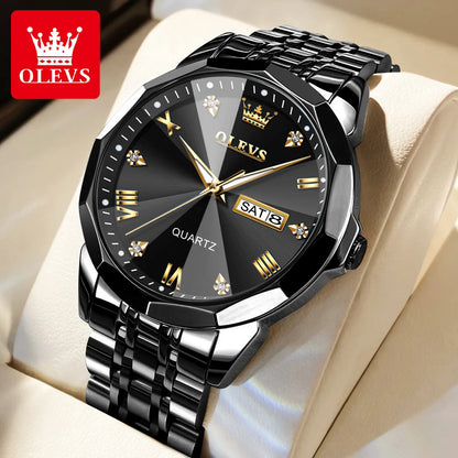 Men‘s Watches Gold Original Quartz Wristwatch Waterproof Luminous Watch for Male Rhombus Mirror Date Week Luxury Dress