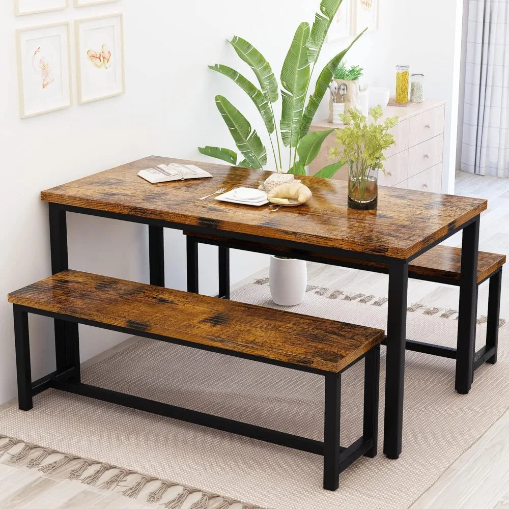 Dining Table Set for 4 Kitchen Table Set with 2 Dining Benches, 3 Piece Farmhouse Dining Room Table Set